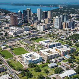 Overhead view of Tampa commercial real estate, including retail buildings and hotels