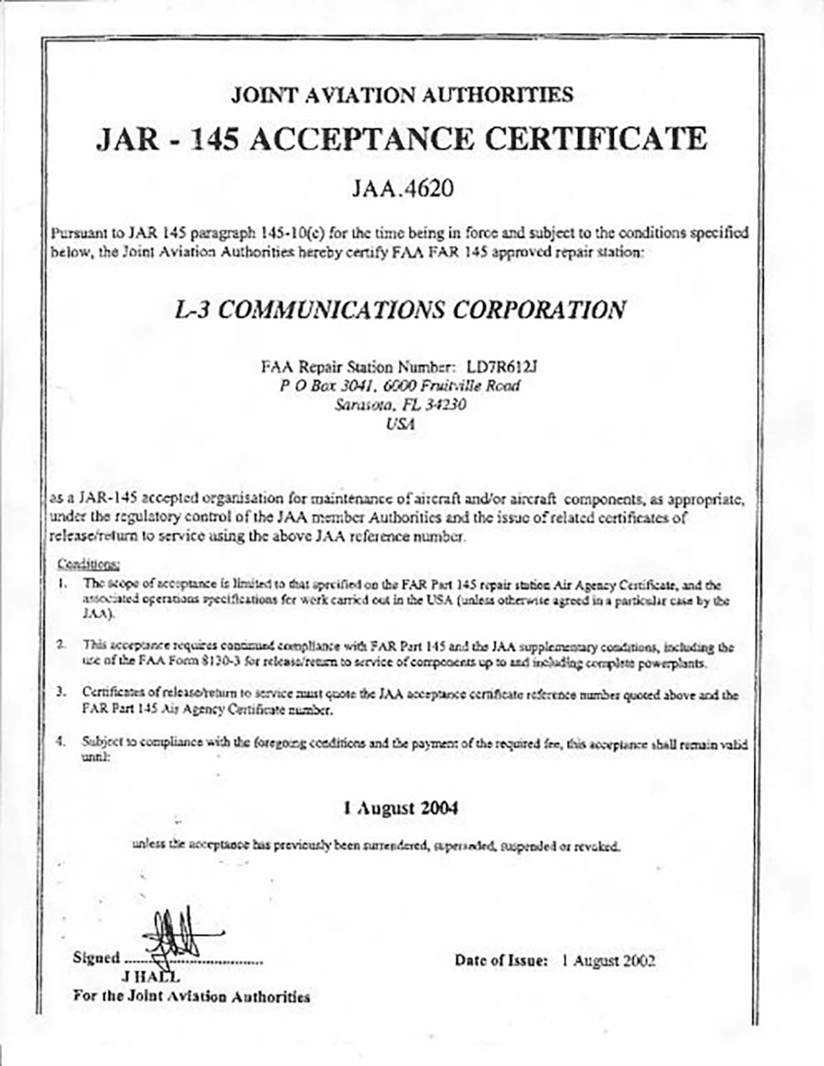 Aircraft Acceptance Certificate